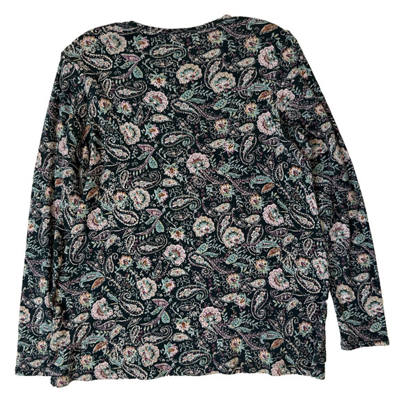 J. Jill Long Sleeve Top Womens Small Black Pink Paisley Floral Pima 100% Cotton - Picture 6 of 6